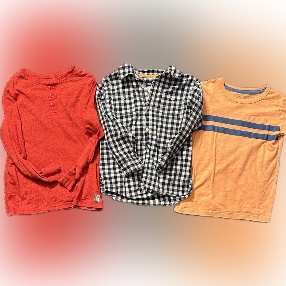 Carter's and Oshkosh, lots of 3 shirts. Navy and white button-down shirt.